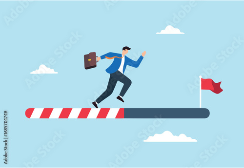 Ambitious businessman running on progress bar towards success flag, illustrating journey to achieving goals in business or career. Concept of steps taken, challenges faced and improvement to succeed