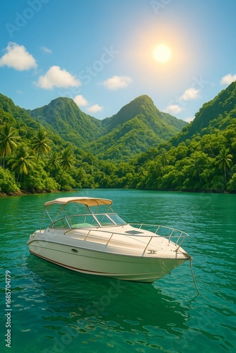 Una lancha de motor de lujo se encuentra anclada en un lago de color turquesa en un idílico paraíso tropical. 