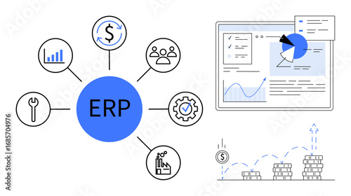 ERP module icons, central ERP, analytics dashboard, bar graph, gear, financial growth. Ideal for business management, automation, analytics finance strategy development simple landing page