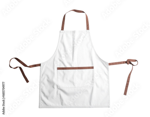 A classic cooking apron with a simple, clean design and a front pocket, made of a light-colored fabric.