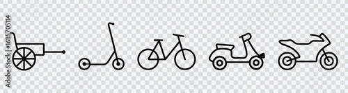 Transportation Icons: Wheelbarrow, Scooter, Bicycle, Motorbike Line Art