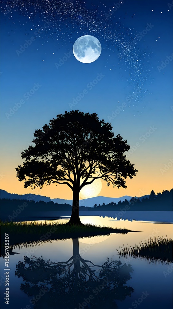 Fototapeta premium Silhouetted tree by lake at night, moonlit sky