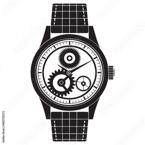 Black and white illustration of a classic wristwatch with visible gears and a leather strap on a white background
