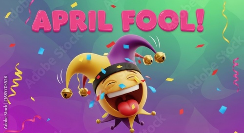 Whimsical April Fool's Day Celebration with a Jester Emoji and Confetti