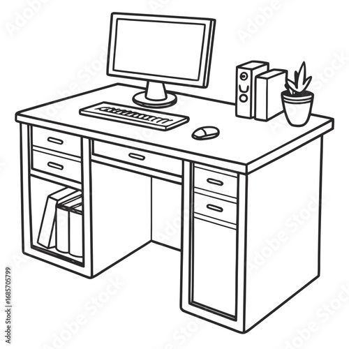 Modern office desk outline with computer, keyboard, plant and books for professional illustration