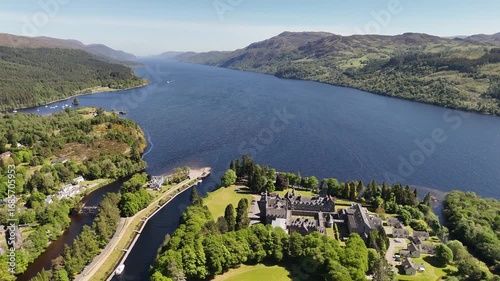 Drone view of Fort Augustus town at Loch Ness, lake in Scotland, United Kingdom