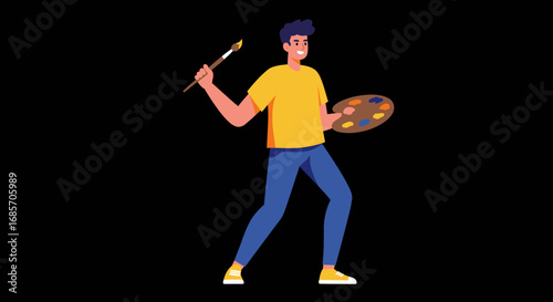 An artist stands holding a paintbrush and palette set against a solid black backdrop