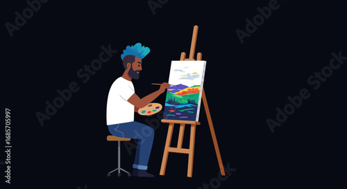 An artist with blue hair sits and paints a colorful landscape on a canvas atop a wooden easel