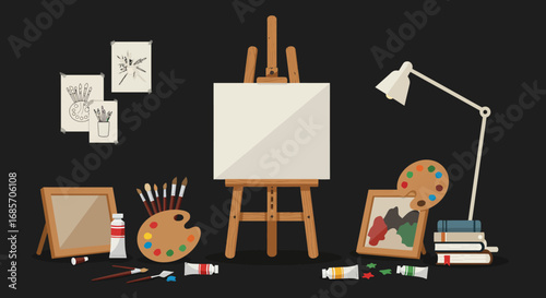 Artists studio setup blank canvas on easel brushes paint sketches lamp books palettes paintings