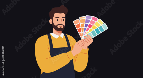 Cartoon man with beard in overalls holds paint swatches on a black background