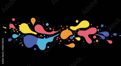 Colorful paint splashes and dots create a lively design on a black background