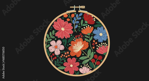 Circular floral embroidery featuring assorted flowers and foliage within a wooden embroidery hoop