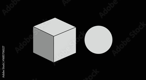 Lightgrey cube sits next to a similarcolored sphere against a solid black backdrop