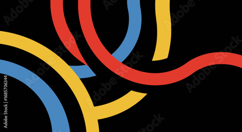 Intertwined curved bands in red yellow and blue stand out against a dark backdrop