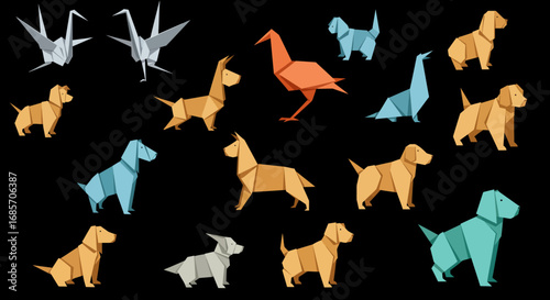 Origami figures dogs cranes and a bird varied in color brown gray blue orange