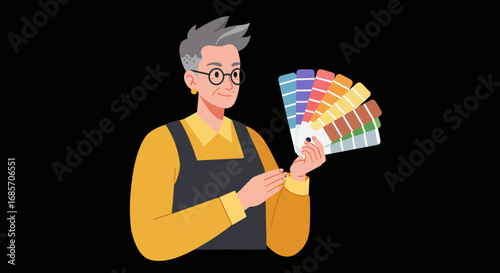 Woman with gray hair holding color swatches wearing glasses and a yellow shirt
