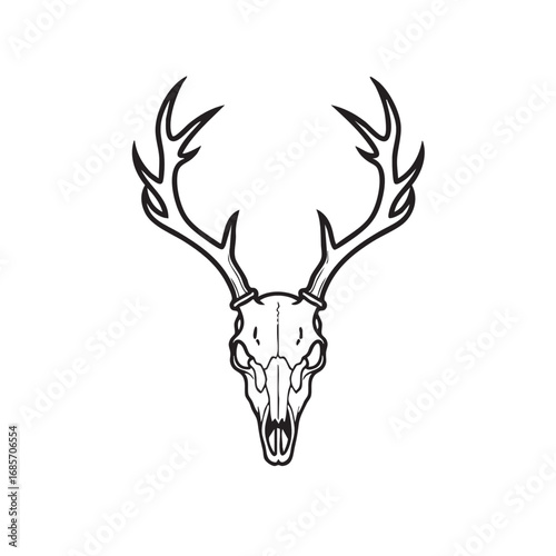 Vector Illustration of Deer Skull with Antlers in Modern Minimalist Style in Monochrome Color Scheme