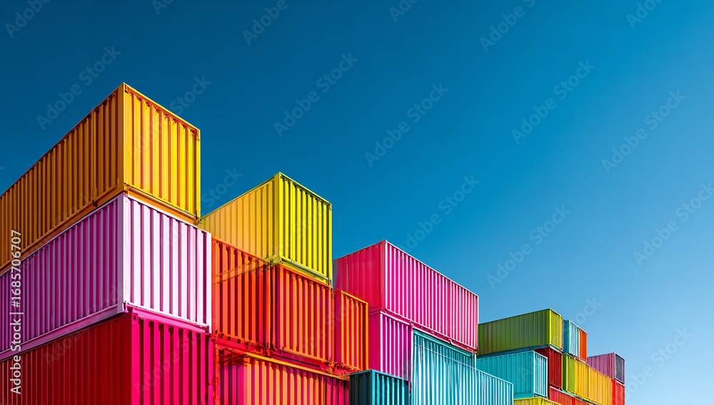 Fototapeta premium Colorful shipping containers stacked outdoors against a clear blue sky, vibrant industrial and logistics scene
