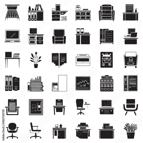 Collection of black silhouette icons representing modern office furniture and supplies for workspace design and business concepts
