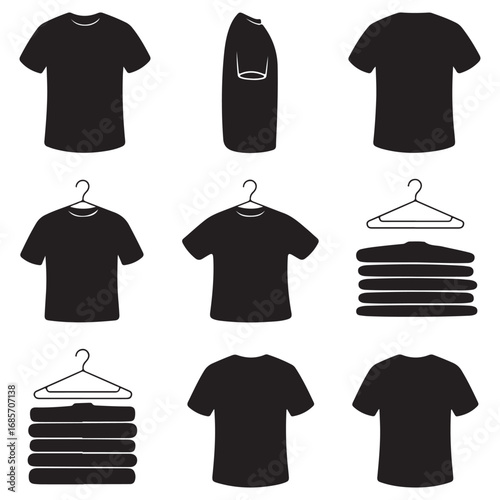 Collection of black silhouette t shirts displayed in various ways including hanging folded and individual garments