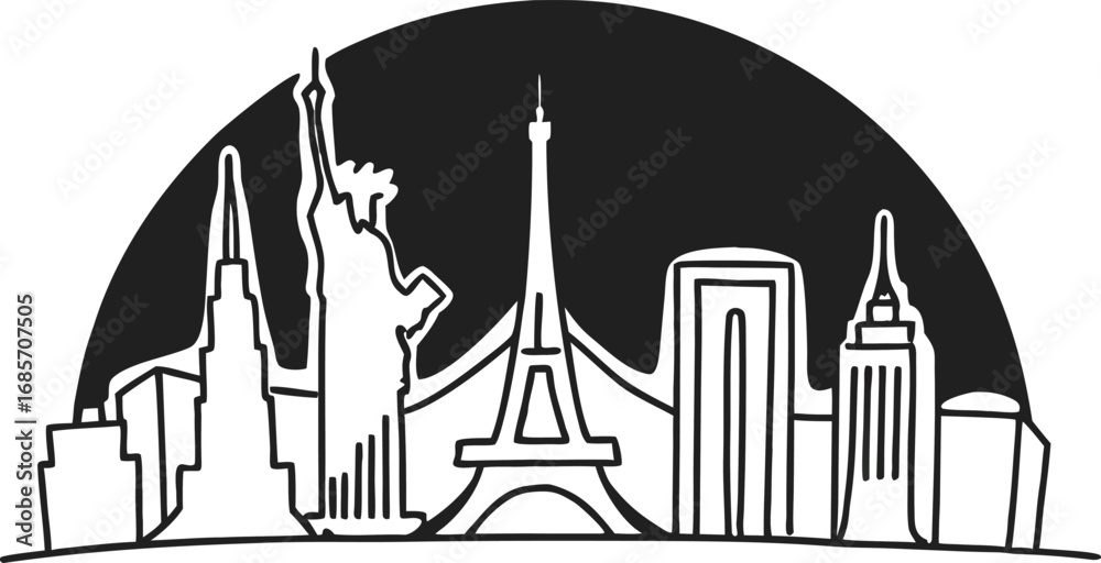 Obraz premium Vector illustration of an ancient European city with famous architectural landmarks like a church, castle, and the Eiffel Tower