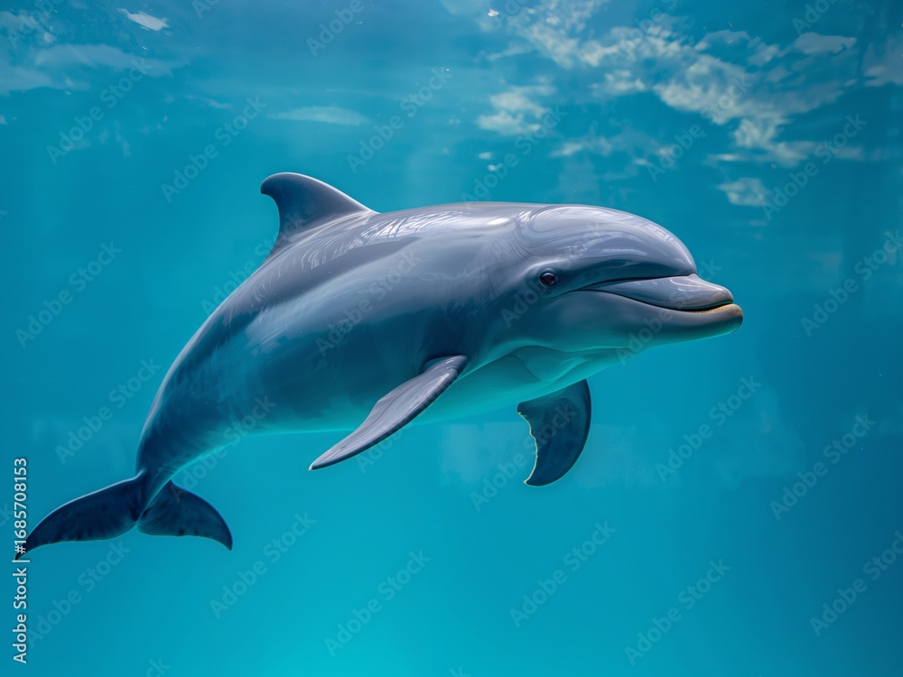 Naklejka premium Aquatic Serenity. A Sleek Dolphins Dance in the Blue Depths, Peaceful and Calm.