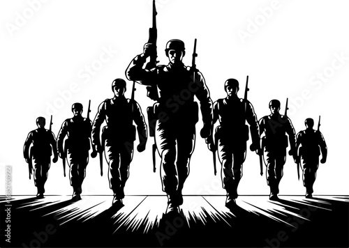 American Military Soldier Silhouettes with American Flags and Emblems