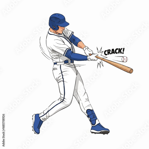 Vector Illustration of Baseball Player Hitting Ball in Retro Style with Dynamic Motion Lines and Bold Colors