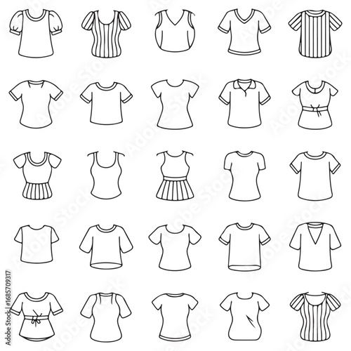 Collection of hand drawn black and white sketches of various women s tops and t shirts with different necklines and sleeve styles