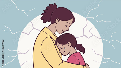 Mother Hugging Daughter – Vector Illustration of Emotional Support, Protection and Family Love Awareness