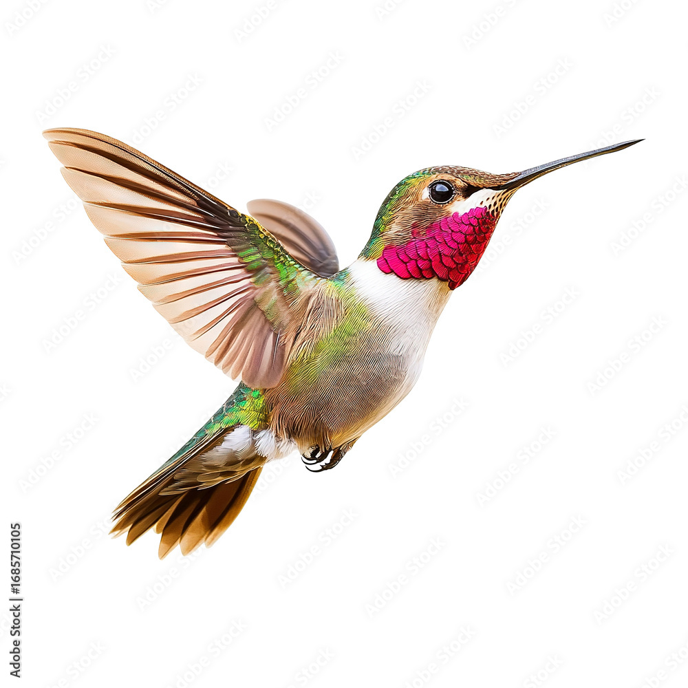 Fototapeta premium Colorful Hummingbird in flight isolated on a transparent white background, clipping path