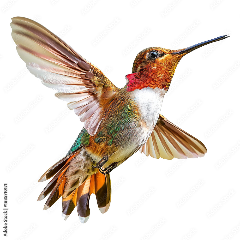Fototapeta premium Colorful Hummingbird in flight isolated on a transparent white background, clipping path