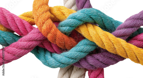 Intertwined colorful ropes forming a complex knot (1)