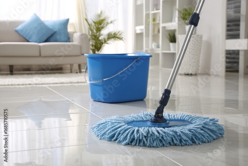 Blue mop and bucket on tiled floor in bright modern living room interior.