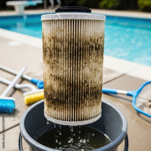 Dirty swimming pool filter requiring cleaning alongside the pool water tools