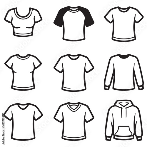 Collection of nine hand drawn black and white line art illustrations of various t shirt styles and a hoodie