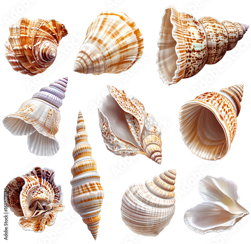 seashells, transparent background, png file with separate images of each shell.