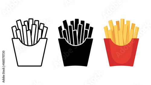 Crispy French Fries Line Art, Silhouette, and Color Illustration of Fast Food Favorite for Menus and Designs