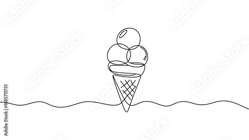 Minimalist Ice Cream Cone Line Art Sweet Treat Illustration on White Background