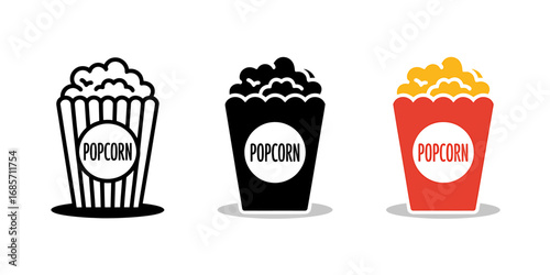 Popcorn Icons Set Vector Illustrations of Snack, Food, and Entertainment Symbols