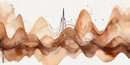 Abstract dark chocolate waves and a cartoon woman's silhouette in a flower bikini on the beach