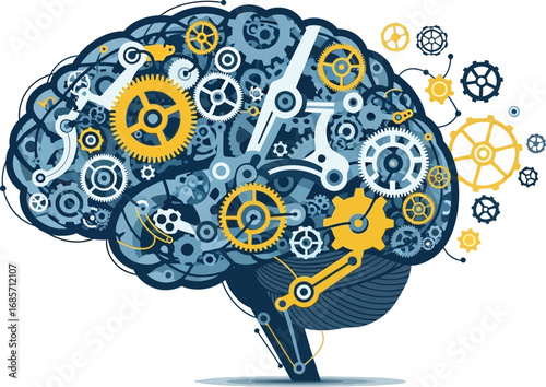 Conceptual illustration of a human brain as a complex machine with gears.