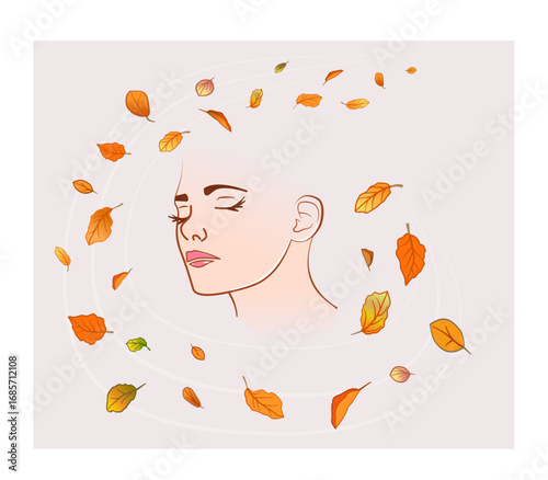 Vector illustration, beautiful female face with dried leaves around her.