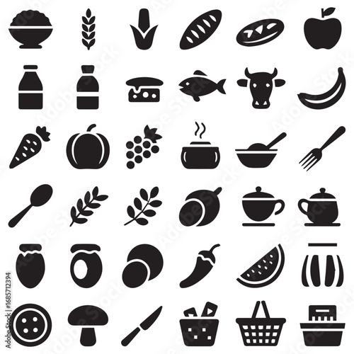 Collection of various food and drink icons representing healthy eating and grocery shopping in a clean graphic style