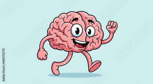 Happy cartoon brain character walking with a smile.