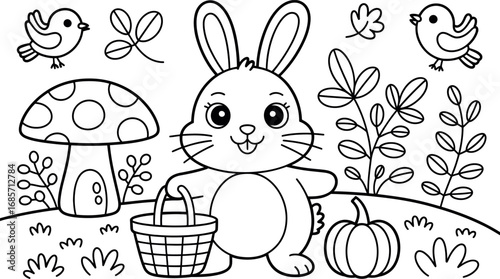 Cute bunny with basket in black and white coloring page style