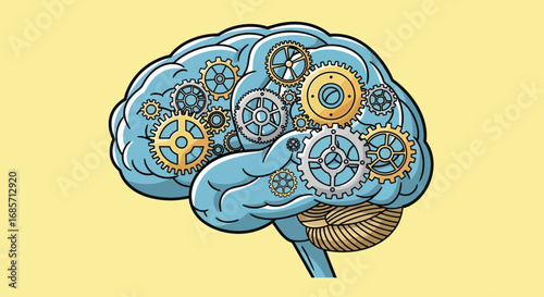 Human brain illustration with internal mechanical gears and cogs.