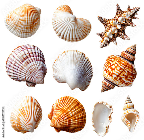 seashells, transparent background, png file with separate images of each shell.