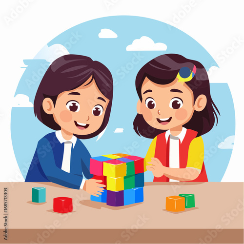 Two happy little girls developing skills through creative play, building a tower with colorful blocks, showcasing childhood friendship and teamwork