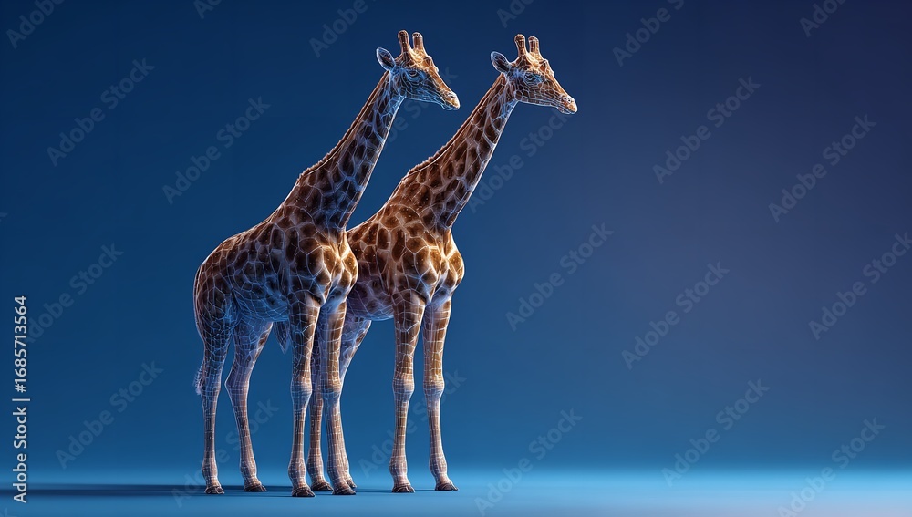 Obraz premium Full-Body View of Two Giraffes Standing Side by Side on Blue Background, Facing Forward